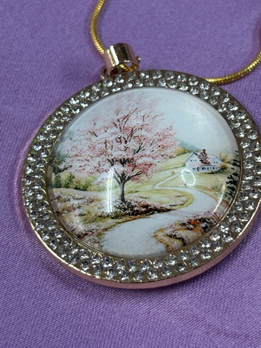 Round Rhinestone 1” Pendant Necklace with Pastoral Scene - Pink and Gold